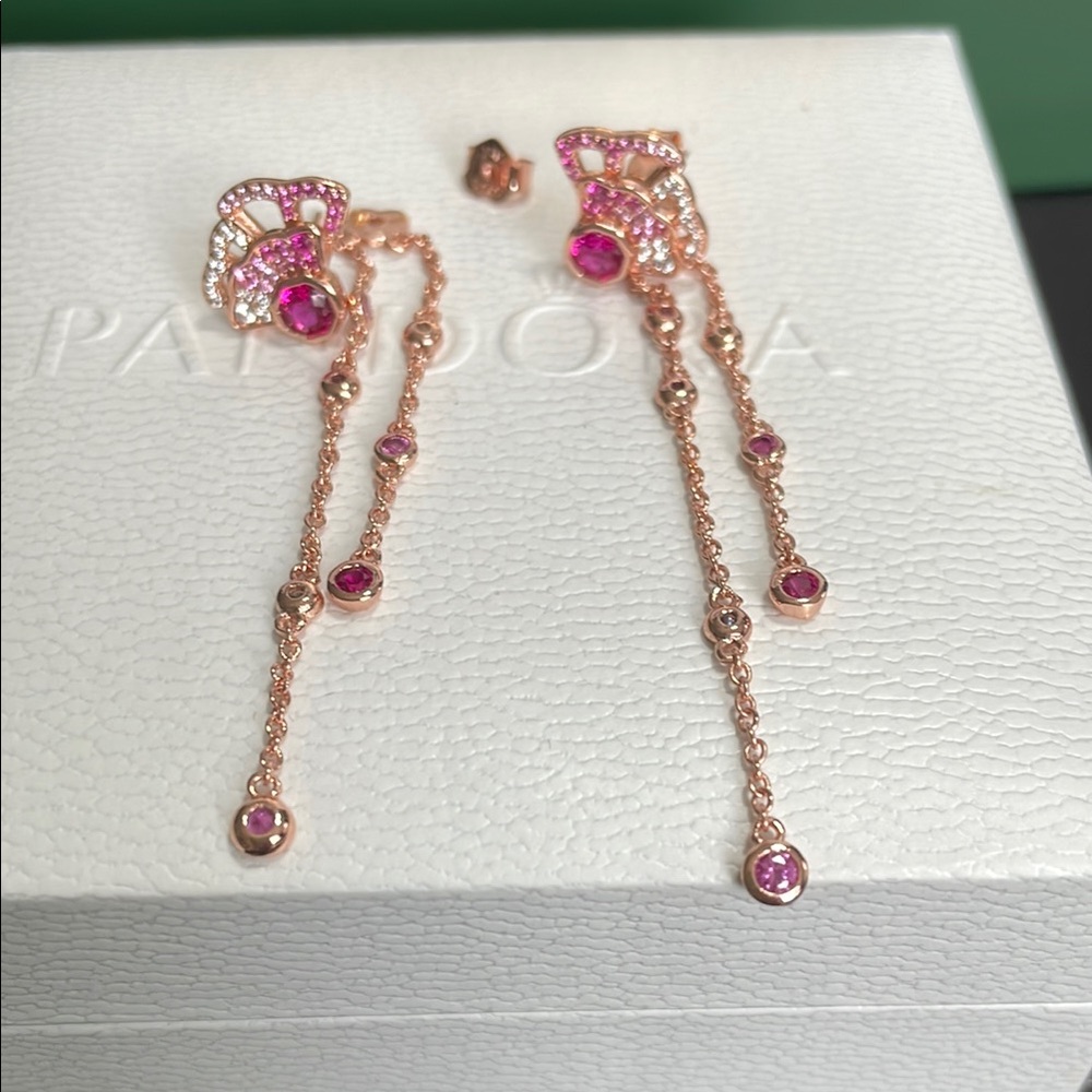 Pandora Rose Gold Pink Butterfly CZ Dangle Earrings